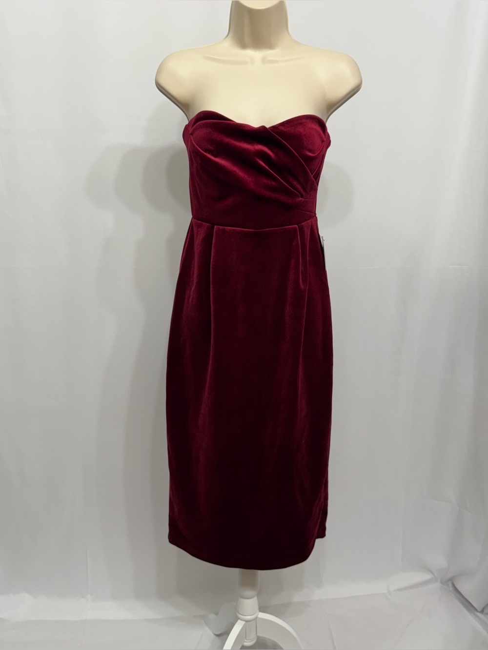 Express Women’s Burgundy Velvet Strapless Sweetheart Neck Midi Dress XS